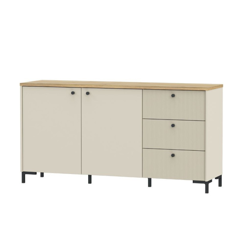 Madia Unit 2 ante e 3 cassetti cannettato L 152.80 x P 41.9 x H 79 cm. colore cashmere con top rovere