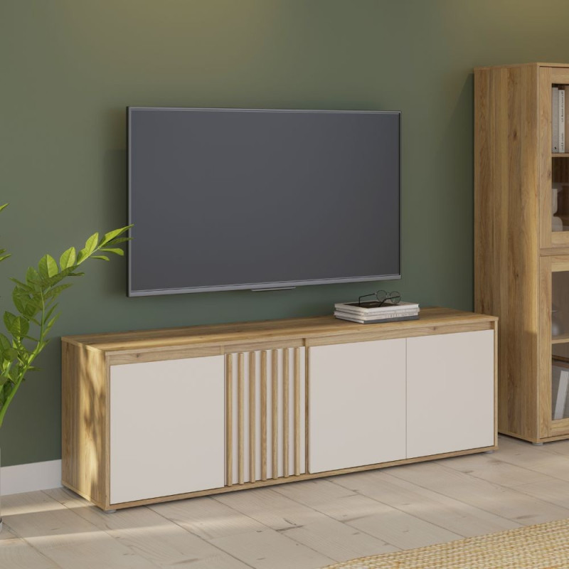 Porta tv Neutra 4 ante con dettaglio cannettato in rovere e cashmere