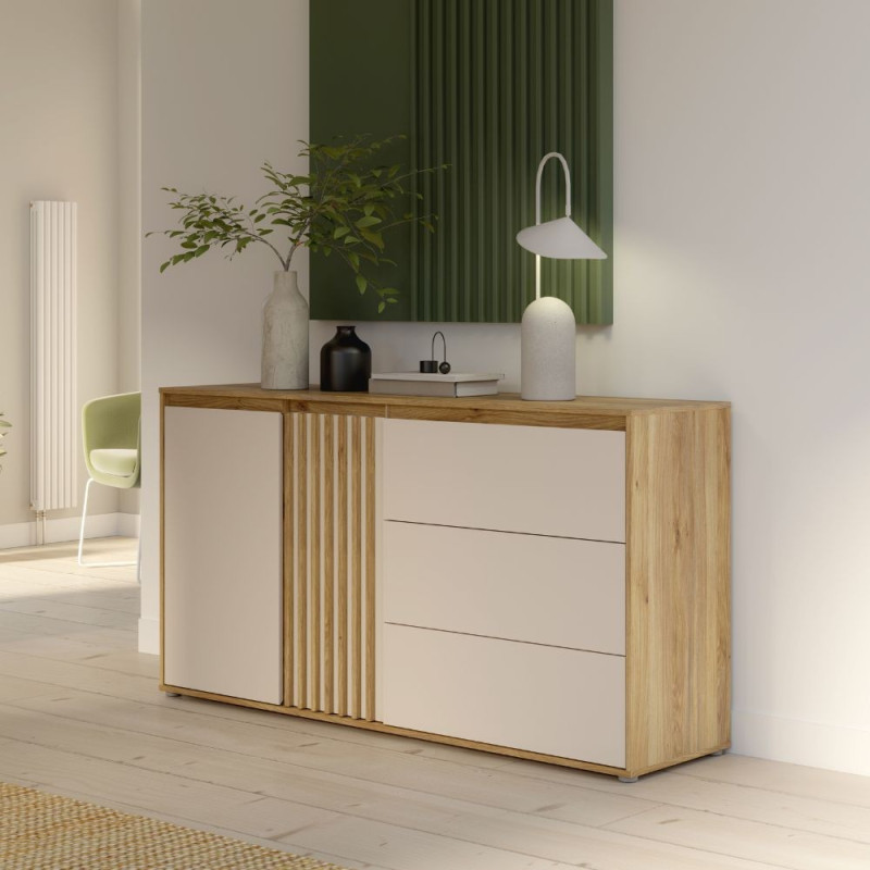 Madia Neutra 3 cassetti e 2 ante con dettaglio cannettato in rovere e cashmere