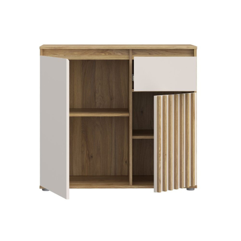 Mobile multiuso Neutra 1 cassetto e 2 ante con dettaglio cannettato in rovere e cashmere