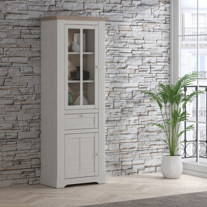 Vetrina Forma con 1 cassetto e 2 ante con luce integrata colore rovere neve e piano olmo scuro