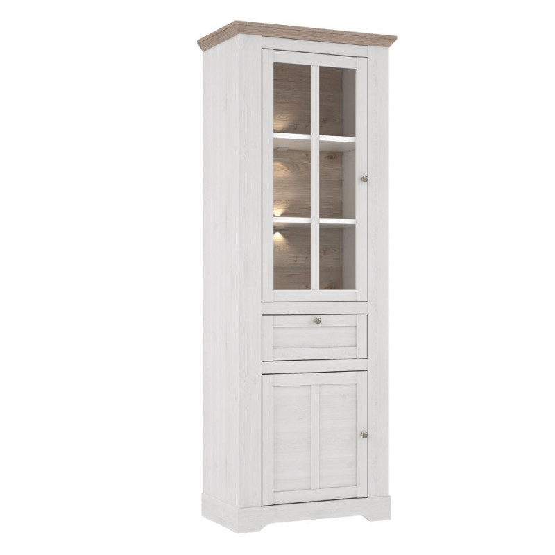 Vetrina Forma con 1 cassetto e 2 ante con luce integrata colore rovere neve e piano olmo scuro
