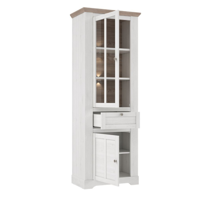 Vetrina Forma con 1 cassetto e 2 ante con luce integrata colore rovere neve e piano olmo scuro