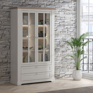 Vetrina Forma con 2 cassetti e 2 ante con vetro e con luce integrata colore rovere neve e piano olmo scuro