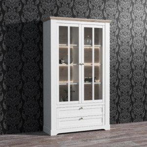 Zoom Vetrina Forma con 2 cassetti e 2 ante con vetro e con luce integrata colore rovere neve e piano olmo scuro