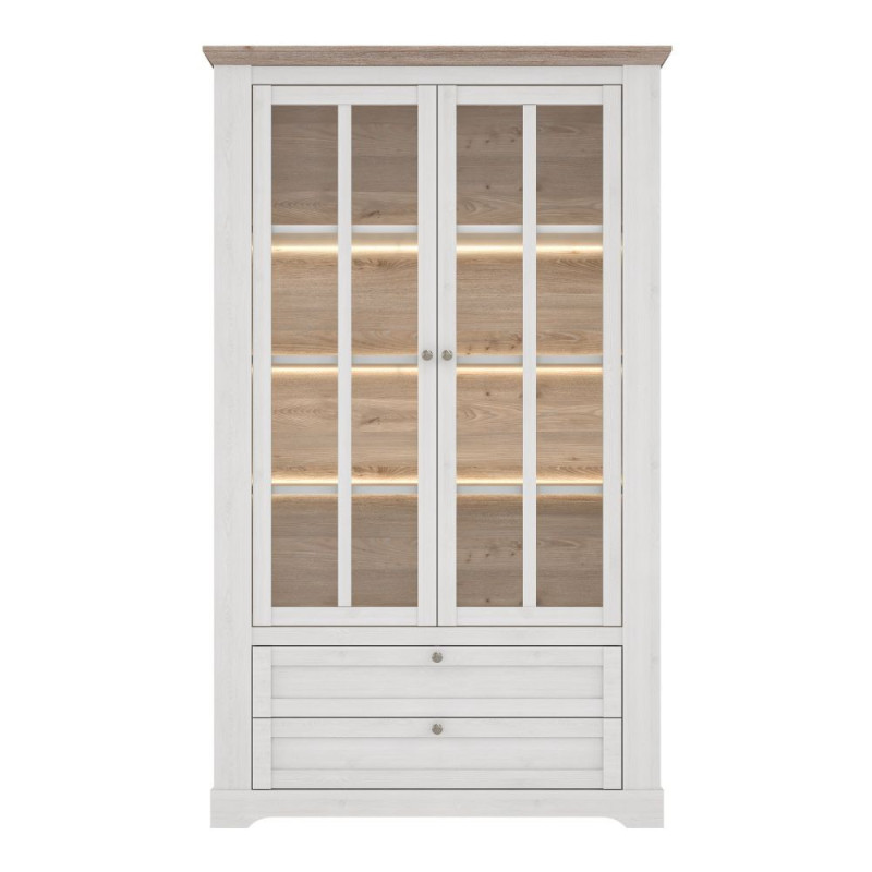Vetrina Forma con 2 cassetti e 2 ante con vetro e con luce integrata colore rovere neve e piano olmo scuro