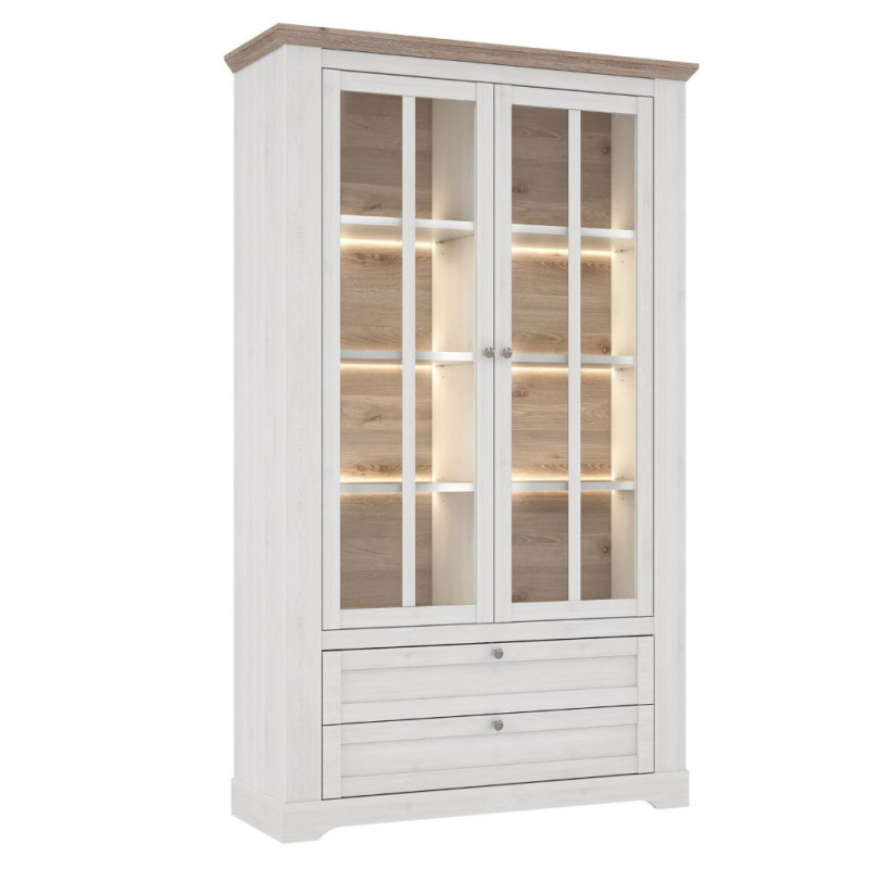 Vetrina Forma con 2 cassetti e 2 ante con vetro e con luce integrata colore rovere neve e piano olmo scuro