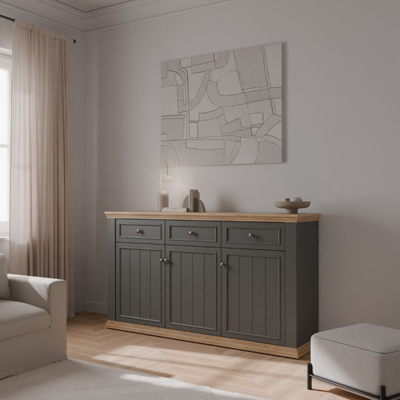 Madia Essenza con 3 cassetti e 3 ante in stile classico colore grigio scuro e rovere