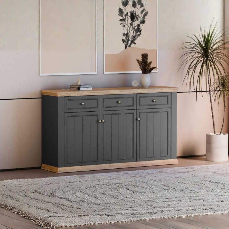 Madia Essenza con 3 cassetti e 3 ante in stile classico colore grigio scuro e rovere