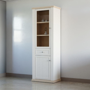 Zoom Vetrina Essenza con 1 anta a vetro 1 cassetto e 1 anta in stile classico colore bianco e rovere