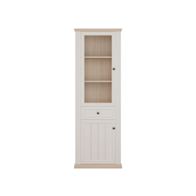 Vetrina Essenza con 1 anta a vetro 1 cassetto e 1 anta in stile classico colore bianco e rovere