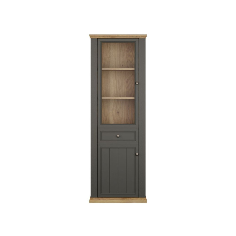 Vetrina Essenza con 1 anta a vetro 1 cassetto e 1 anta in stile classico colore grigio scuro e rovere
