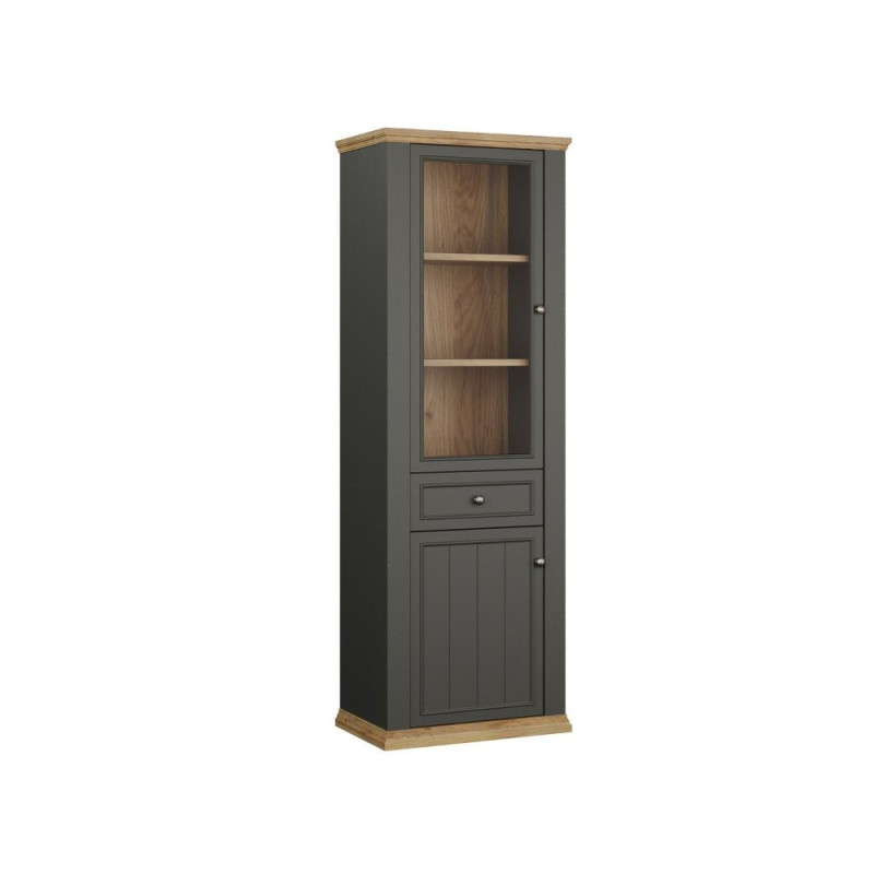 Vetrina Essenza con 1 anta a vetro 1 cassetto e 1 anta in stile classico colore grigio scuro e rovere