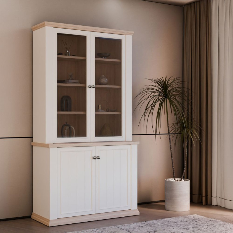 Vetrina Essenza con 2 ante a vetro e 2 ante in stile classico colore bianco e rovere