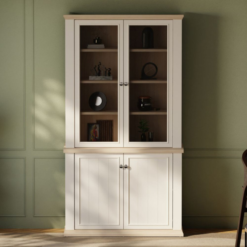 Vetrina Essenza con 2 ante a vetro e 2 ante in stile classico colore bianco e rovere