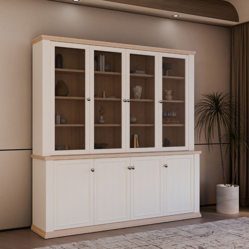 Vetrina Essenza con 4 ante a vetro e 4 ante in stile classico colore bianco e rovere