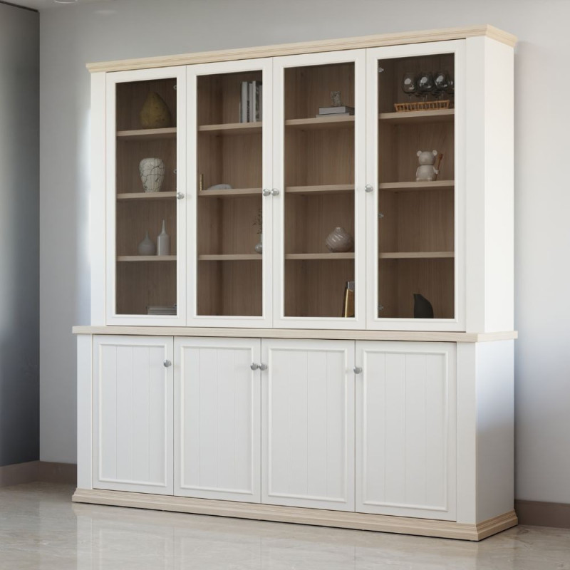 Vetrina Essenza con 4 ante a vetro e 4 ante in stile classico colore bianco e rovere