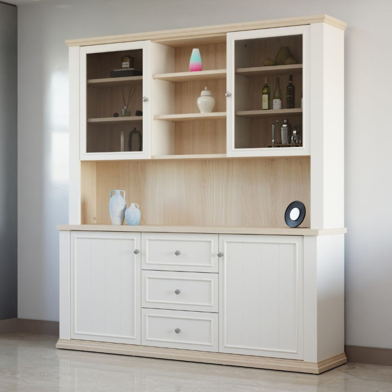 Vetrina Essenza con 4 ante 3 cassetti e nicchie a giorno colore bianco e rovere