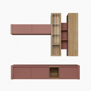 Zoom Soggiorno parete attrezzata Core grande con porta tv e pensili in colore rovere e terracotta