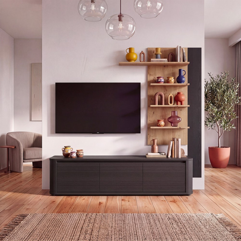 Soggiorno parete attrezzata Core piccolo con porta tv e libreria pensile in rovere e nero
