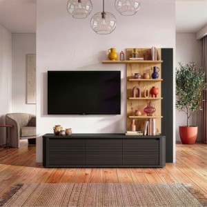 Zoom Soggiorno parete attrezzata Core piccolo con porta tv e libreria pensile in rovere e nero