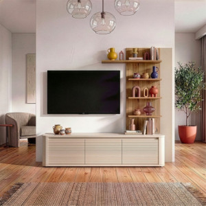 Zoom Soggiorno parete attrezzata Core piccolo con porta tv e libreria pensile in rovere e cashmere