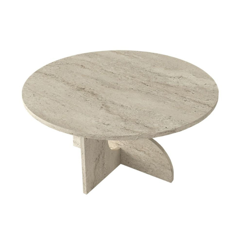 Tavolino da salotto Mara con piano tondo e gambe con dettagli geometrici colore travertino
