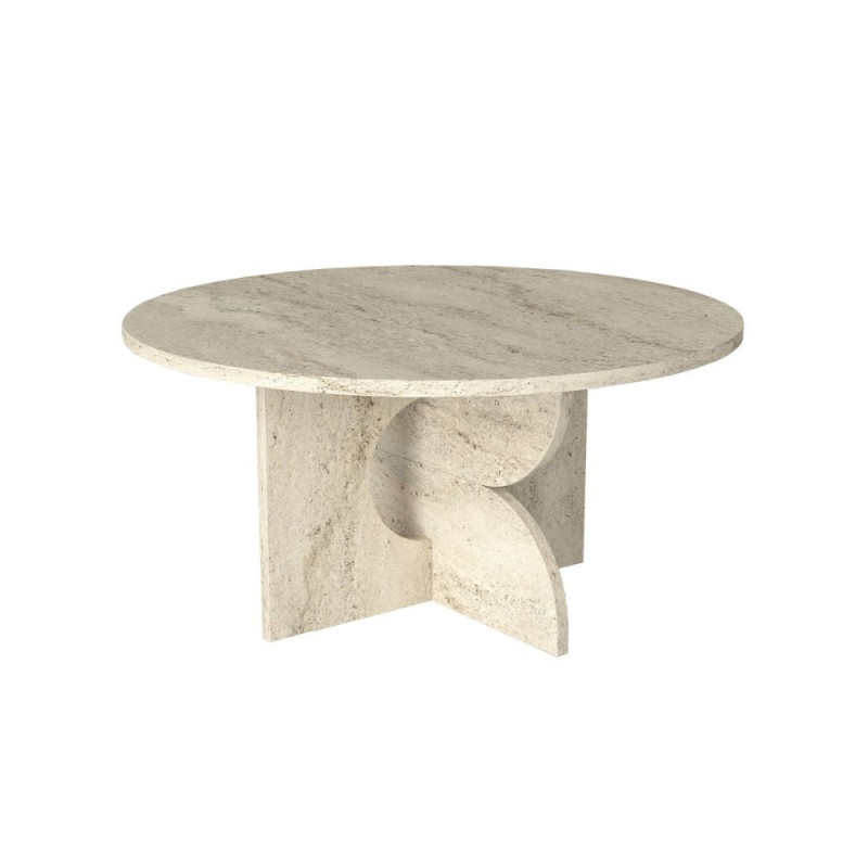 Tavolino da salotto Mara con piano tondo e gambe con dettagli geometrici colore travertino