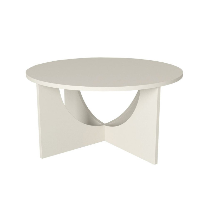 Tavolino da salotto Lemmar con piano tondo e gambe a croce con intaglio ad arco colore cashmere