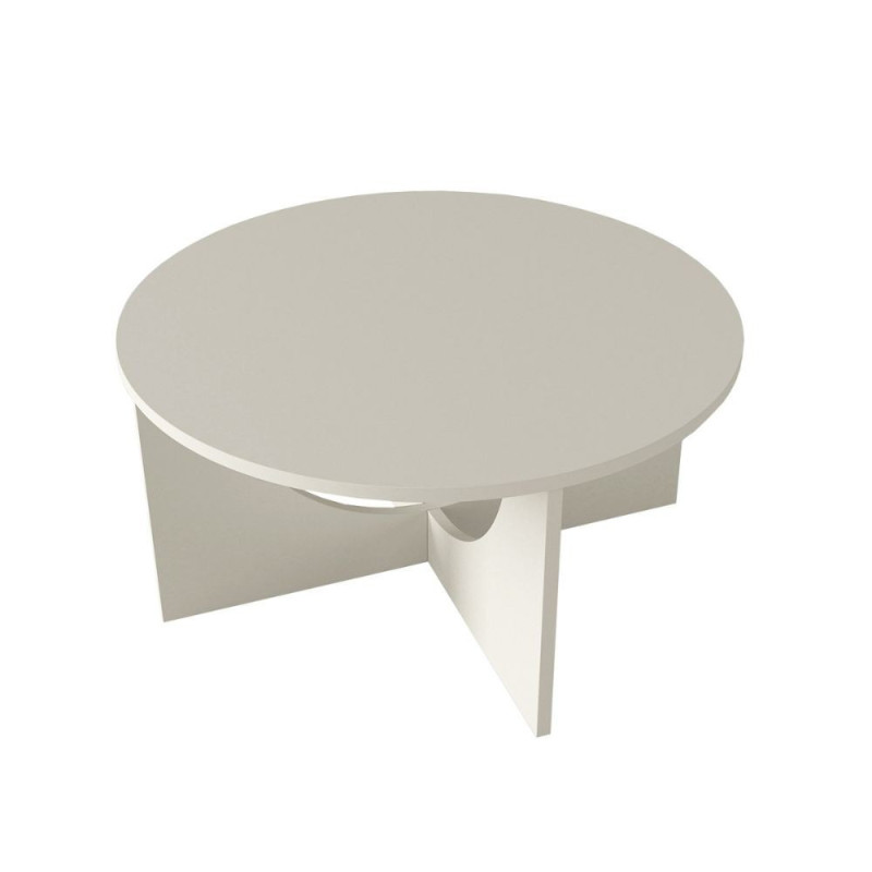 Tavolino da salotto Lemmar con piano tondo e gambe a croce con intaglio ad arco colore cashmere