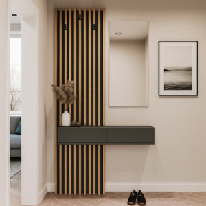Zoom Mobile ingresso Elois con 3 ganci appendi abiti e specchio in colore antracite e rovere