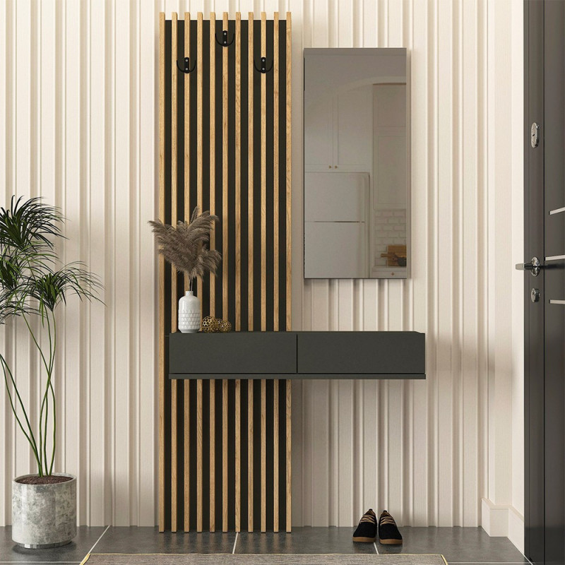 Mobile ingresso Elois con 3 ganci appendi abiti e specchio in colore antracite e rovere