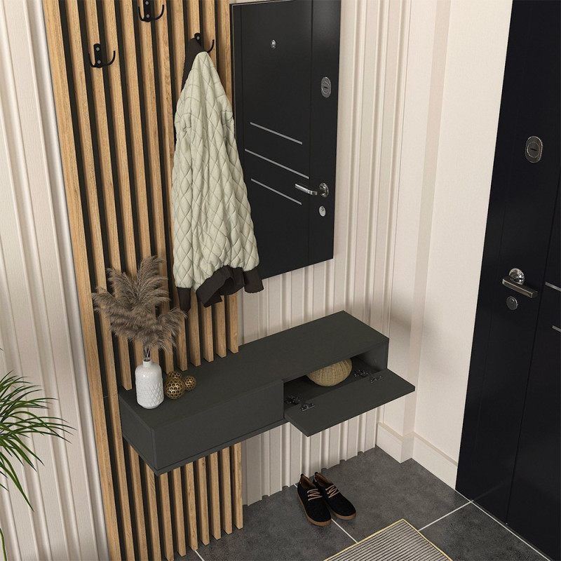 Mobile ingresso Elois con 3 ganci appendi abiti e specchio in colore antracite e rovere