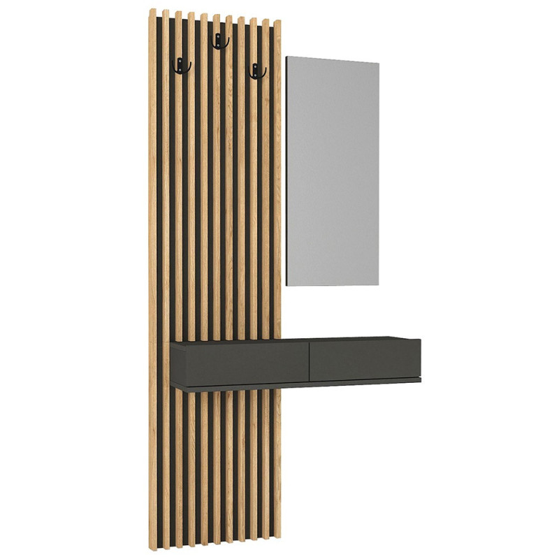 Mobile ingresso Elois con 3 ganci appendi abiti e specchio in colore antracite e rovere