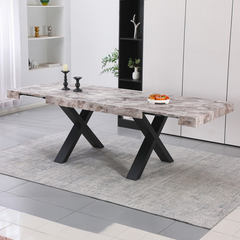 Tavolo allungabile Cindy con piano effetto marmo grigio e gambe nere