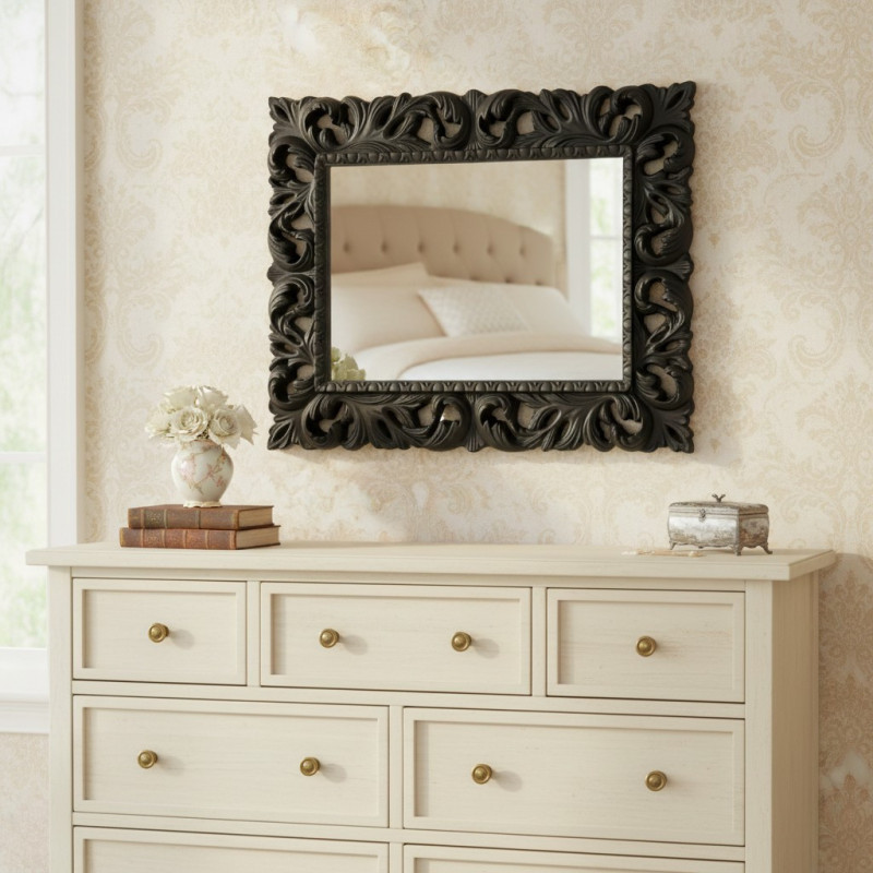 Specchiera Madrid con decoro in stile barocco nero lucido