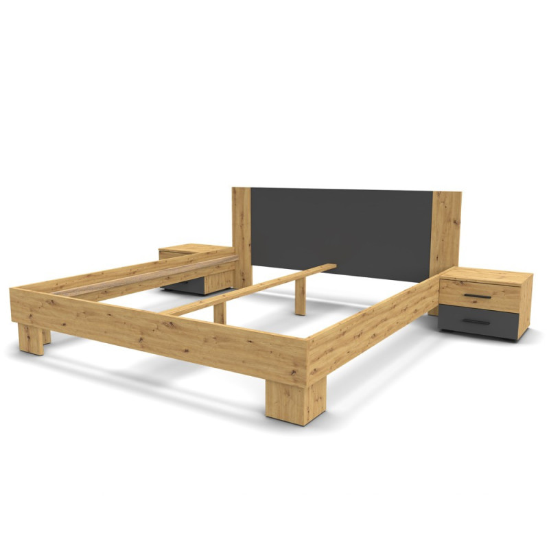 Struttura letto matrimoniale Meria 180 cm. con comodini integrati antracite e rovere