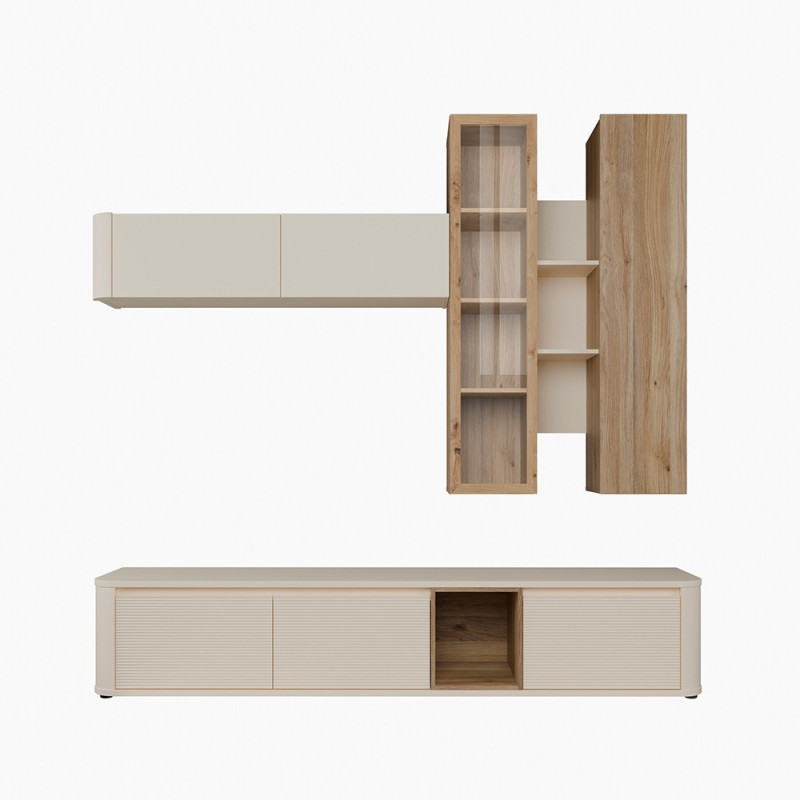 Soggiorno parete attrezzata Core grande con porta tv e pensili in colore rovere e cashmere