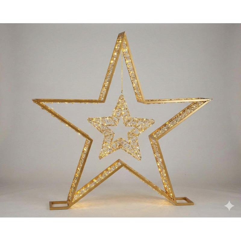 Struttura 3D doppia stella oro con 600 LED bianco caldo con