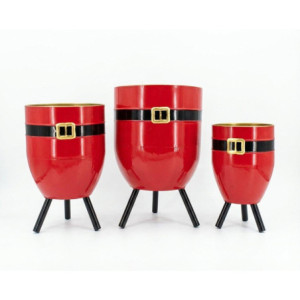 Set 3 porta piante Babbo Natale con piedini in metallo rosso