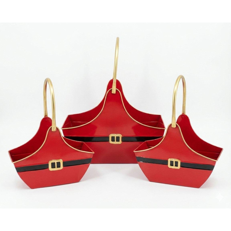 Set 3 cesti Babbo Natale in metallo rosso lucido