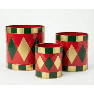 Set 3 tamburi in metallo rosso, oro e verde lucido