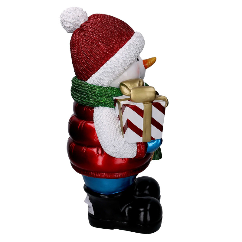 Pupazzo di neve resina bianco con regalo e led cm38x28h62,5