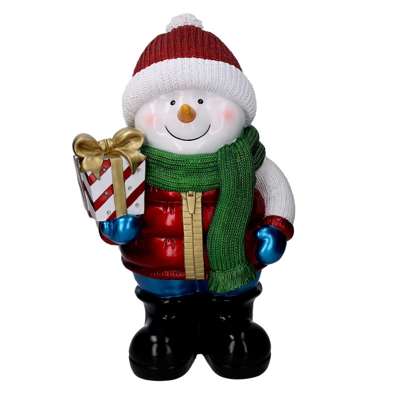 Pupazzo di neve resina bianco con regalo e led cm38x28h62,5