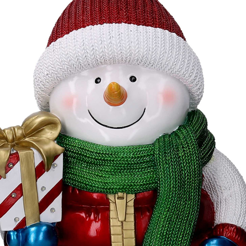 Pupazzo di neve resina bianco con regalo e led cm38x28h62,5