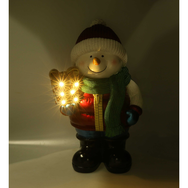 Pupazzo di neve resina bianco con regalo e led cm38x28h62,5