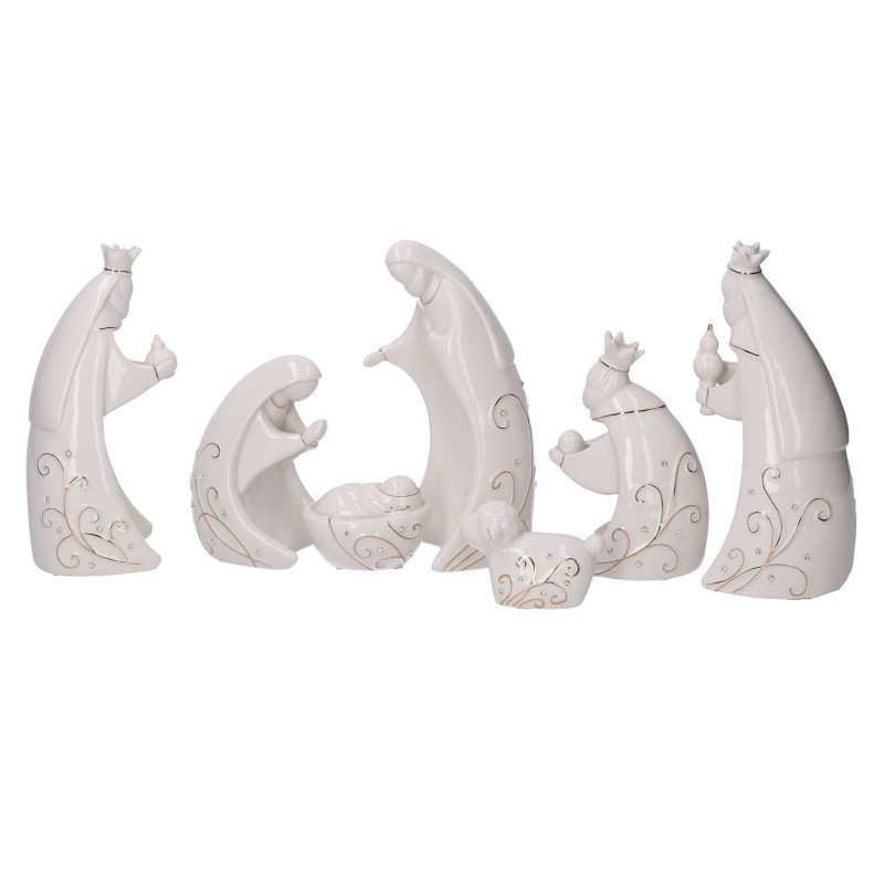 Presepe ceramica 7 pezzi bianco e oro cm10x7,5h19,5