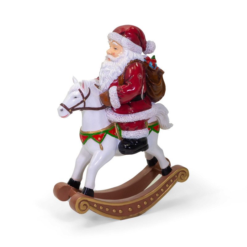 Babbo natale resina rosso su cavallo a dondolo cm61x28h82