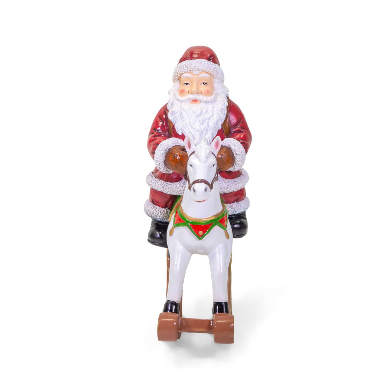 Babbo natale resina rosso su cavallo a dondolo cm61x28h82