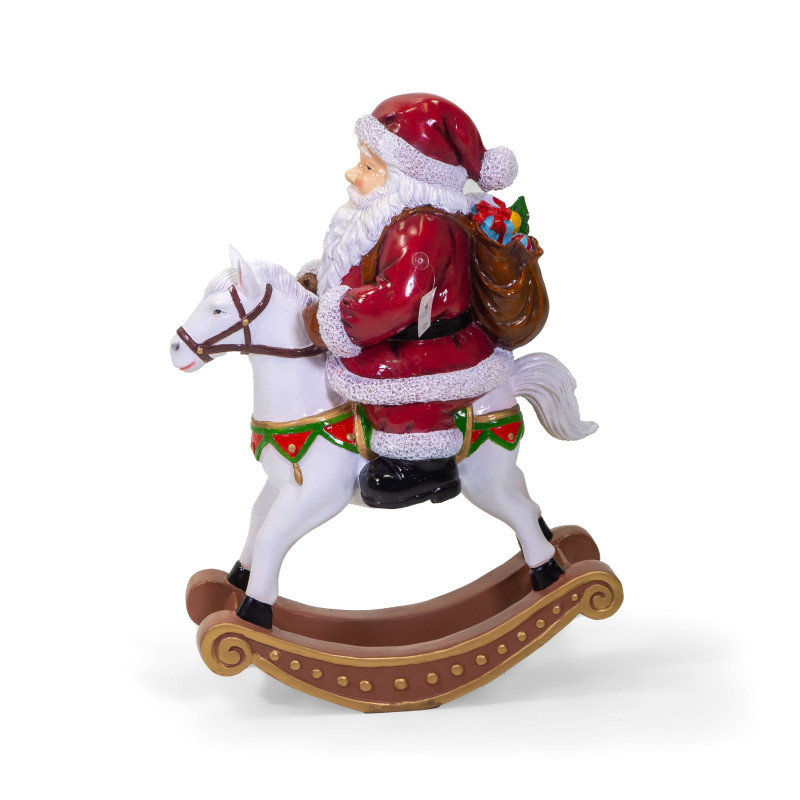 Babbo natale resina rosso su cavallo a dondolo cm61x28h82